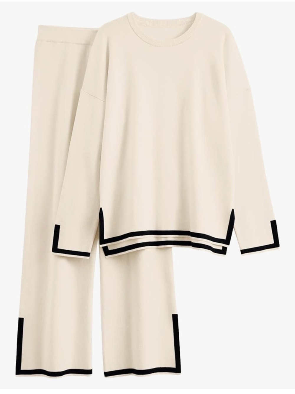 Relaxed Wide-Leg Knit Pant Set in Cream with Black Trim